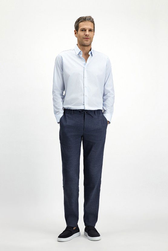 Erkek Giyim - Slim Fit Dar Kesim Beli Lastikli İpli Keten Karışımlı Pantolon