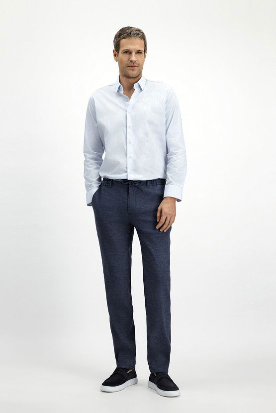 Erkek Giyim - Slim Fit Dar Kesim Beli Lastikli İpli Keten Karışımlı Pantolon