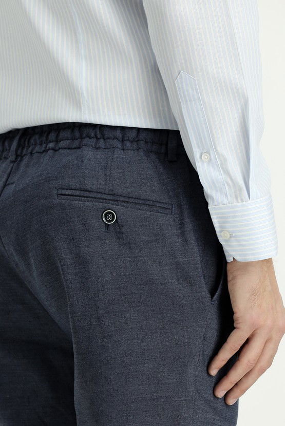 Erkek Giyim - Slim Fit Dar Kesim Beli Lastikli İpli Keten Karışımlı Pantolon