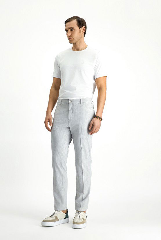 Erkek Giyim - Super Slim Fit Ekstra Dar Kesim Likralı Çizgili Klasik Kumaş Pantolon