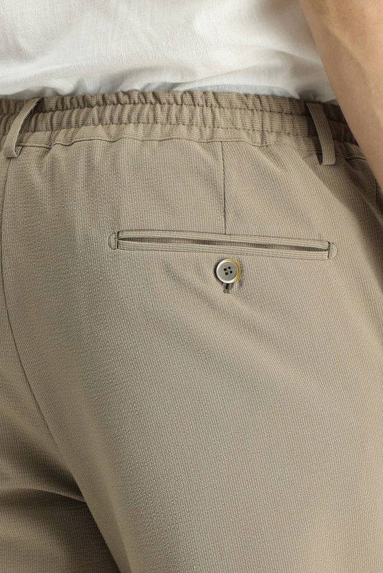 Erkek Giyim - Super Slim Fit Ekstra Dar Kesim Beli Lastikli İpli Gofre Likralı Klasik Kumaş Pantolon