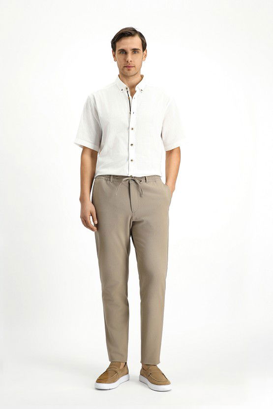 Erkek Giyim - Super Slim Fit Ekstra Dar Kesim Beli Lastikli İpli Gofre Likralı Klasik Kumaş Pantolon