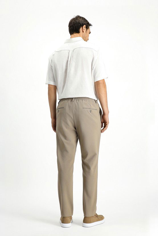 Erkek Giyim - Super Slim Fit Ekstra Dar Kesim Beli Lastikli İpli Gofre Likralı Klasik Kumaş Pantolon