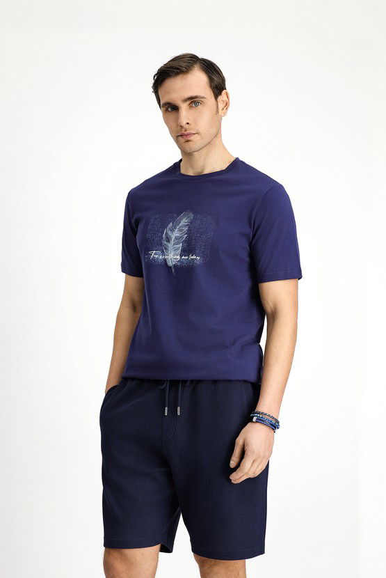 Erkek Giyim - Bisiklet Yaka Slim Fit Dar Kesim Baskılı Pamuklu Tişört