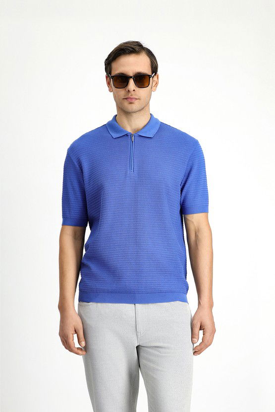 Erkek Giyim - Slim Fit Dar Kesim Pamuk Desenli Fermuarlı Polo Yaka Tişört