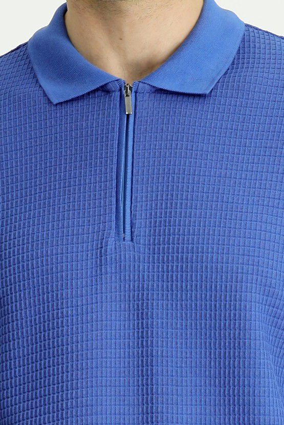 Erkek Giyim - Slim Fit Dar Kesim Pamuk Desenli Fermuarlı Polo Yaka Tişört