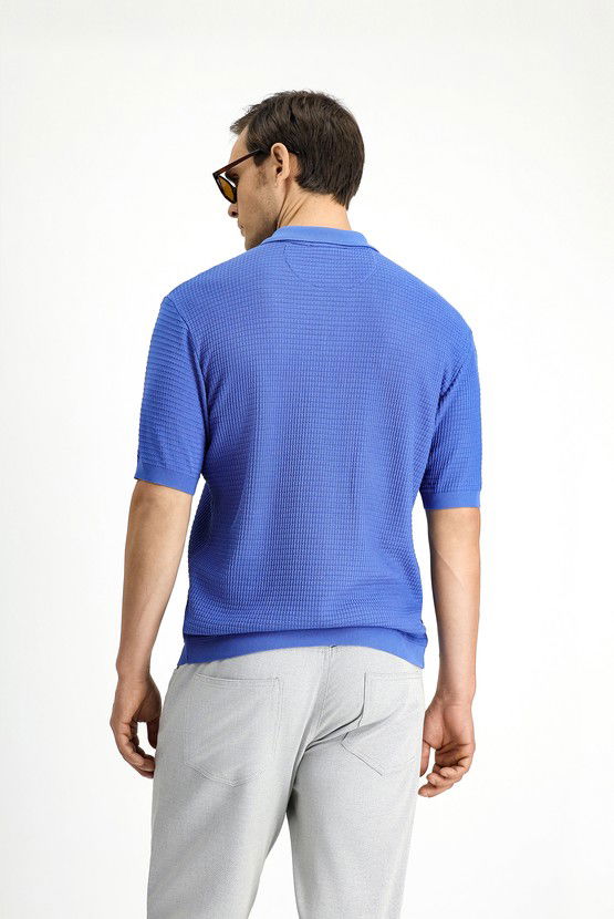 Erkek Giyim - Slim Fit Dar Kesim Pamuk Desenli Fermuarlı Polo Yaka Tişört