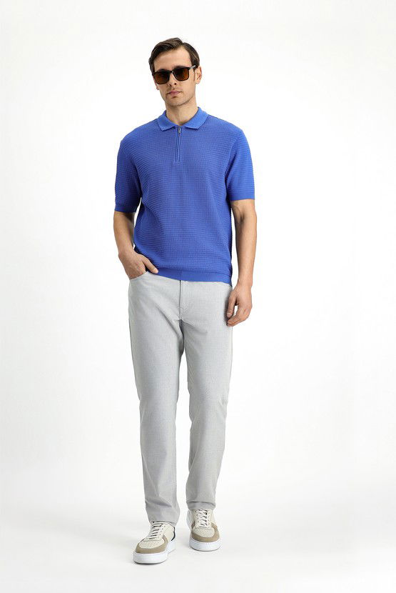 Erkek Giyim - Slim Fit Dar Kesim Pamuk Desenli Fermuarlı Polo Yaka Tişört