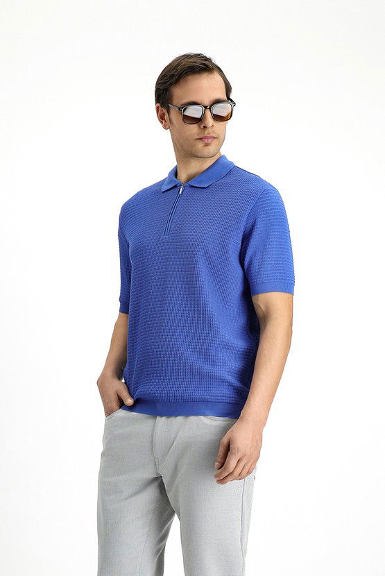 Erkek Giyim - Slim Fit Dar Kesim Pamuk Desenli Fermuarlı Polo Yaka Tişört