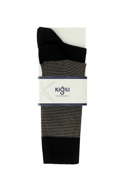 Erkek Giyim - KOYU SİYAH 39-41 Beden 2'li Pamuklu Çizgili Çorap Seti