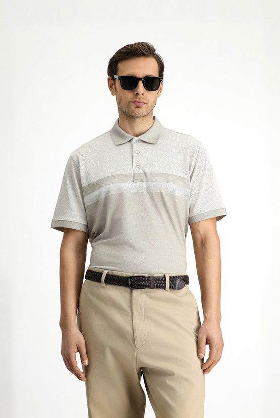 Erkek Giyim - Regular Fit Desenli Likralı Polo Yaka Tişört