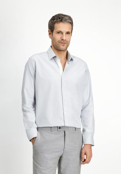Erkek Giyim - AÇIK GRİ L Beden Uzun Kol Slim Fit Dar Kesim Klasik Desenli Pamuk Gömlek