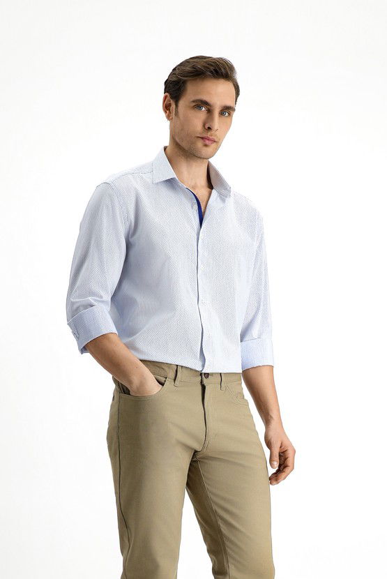Erkek Giyim - Uzun Kol Slim Fit Dar Kesim Klasik Desenli Pamuk Gömlek