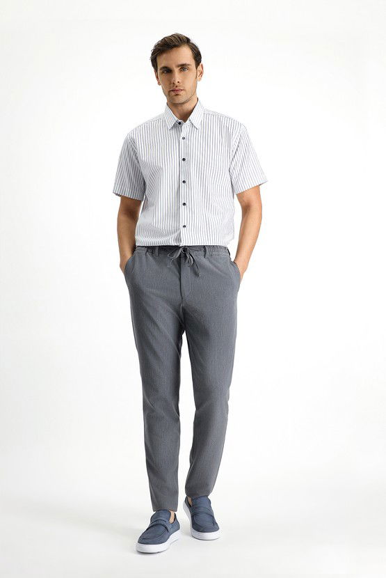 Erkek Giyim - Kısa Kol Slim Fit Dar Kesim Pamuk Çizgili Gömlek