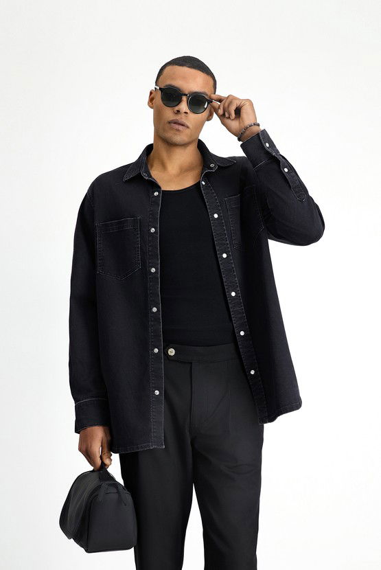 Erkek Giyim - Uzun Kol Oversize Pamuklu Denim Gömlek