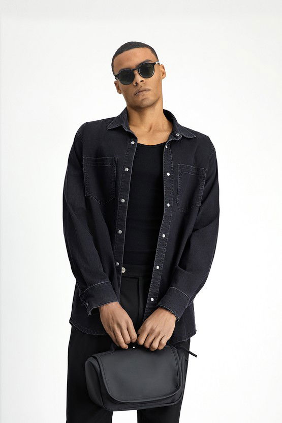 Erkek Giyim - Uzun Kol Oversize Pamuklu Denim Gömlek