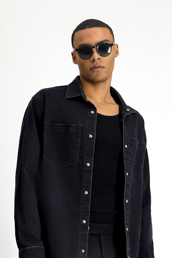 Erkek Giyim - Uzun Kol Oversize Pamuklu Denim Gömlek