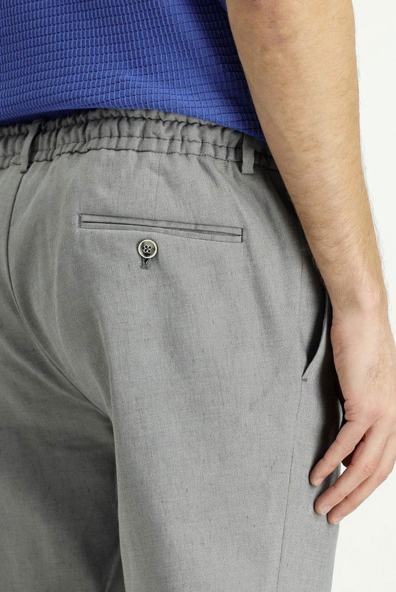 Erkek Giyim - Slim Fit Dar Kesim Beli Lastikli İpli Keten Karışımlı Pantolon