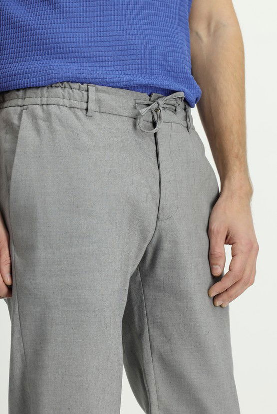 Erkek Giyim - Slim Fit Dar Kesim Beli Lastikli İpli Keten Karışımlı Pantolon
