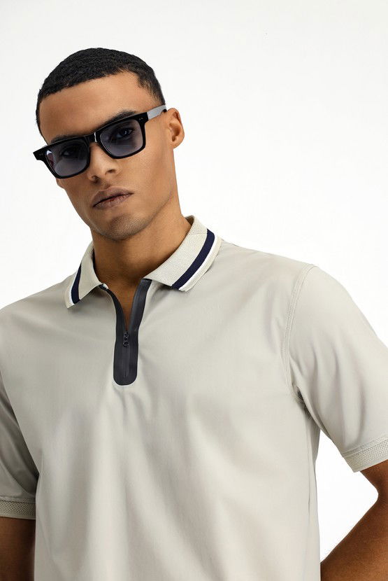 Erkek Giyim - Techno-Line Fermuarlı Likralı Slim Fit Dar Kesim Polo Yaka Tişört