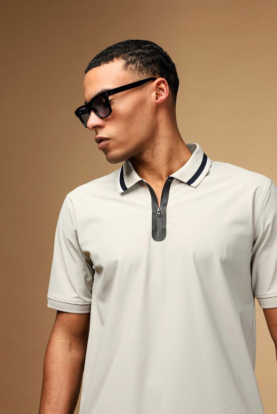 Erkek Giyim - Techno-Line Fermuarlı Likralı Slim Fit Dar Kesim Polo Yaka Tişört