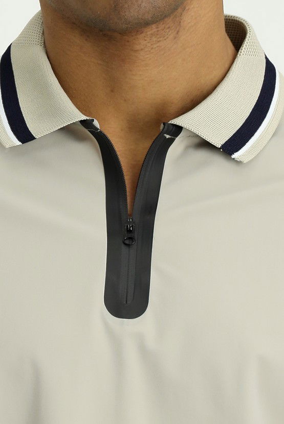 Erkek Giyim - Techno-Line Fermuarlı Likralı Slim Fit Dar Kesim Polo Yaka Tişört