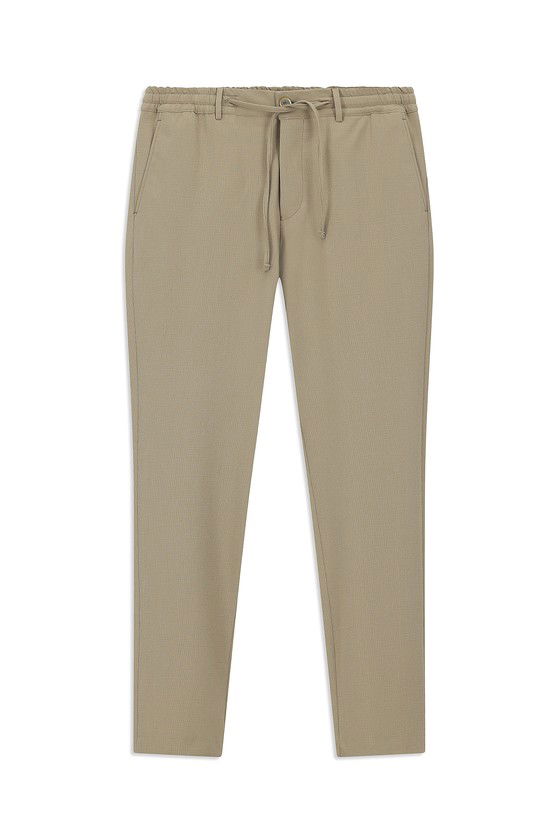 Erkek Giyim - Super Slim Fit Ekstra Dar Kesim Beli Lastikli İpli Gofre Likralı Klasik Kumaş Pantolon