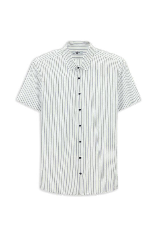 Erkek Giyim - Kısa Kol Slim Fit Dar Kesim Pamuk Çizgili Gömlek