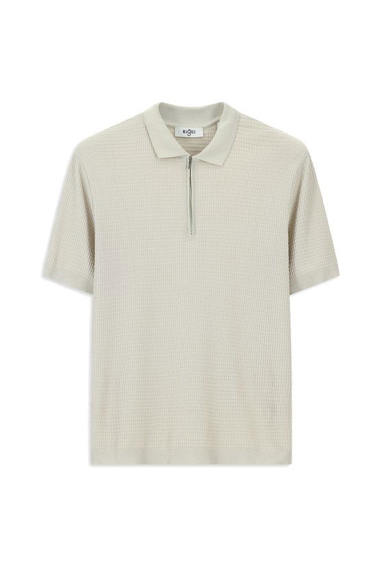 Erkek Giyim - Slim Fit Dar Kesim Pamuk Desenli Fermuarlı Polo Yaka Tişört