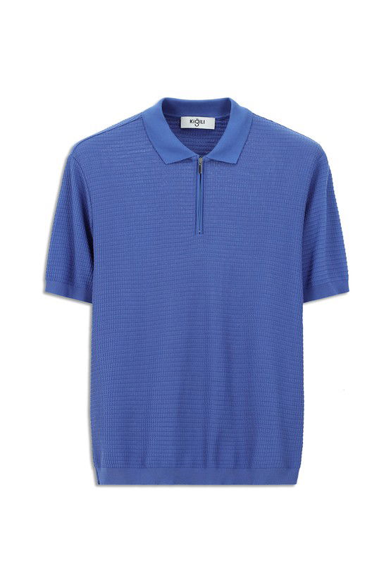 Erkek Giyim - Slim Fit Dar Kesim Pamuk Desenli Fermuarlı Polo Yaka Tişört