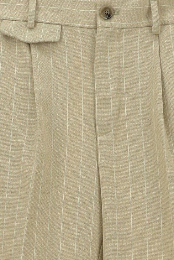 Erkek Giyim - Slim Fit Dar Kesim Keten Karışımlı Çizgili Tokalı Klasik Kumaş Pantolon