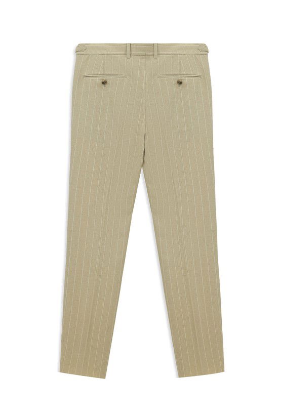 Erkek Giyim - Slim Fit Dar Kesim Keten Karışımlı Çizgili Tokalı Klasik Kumaş Pantolon