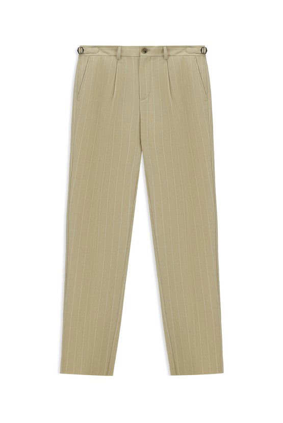 Erkek Giyim - Slim Fit Dar Kesim Keten Karışımlı Çizgili Tokalı Klasik Kumaş Pantolon