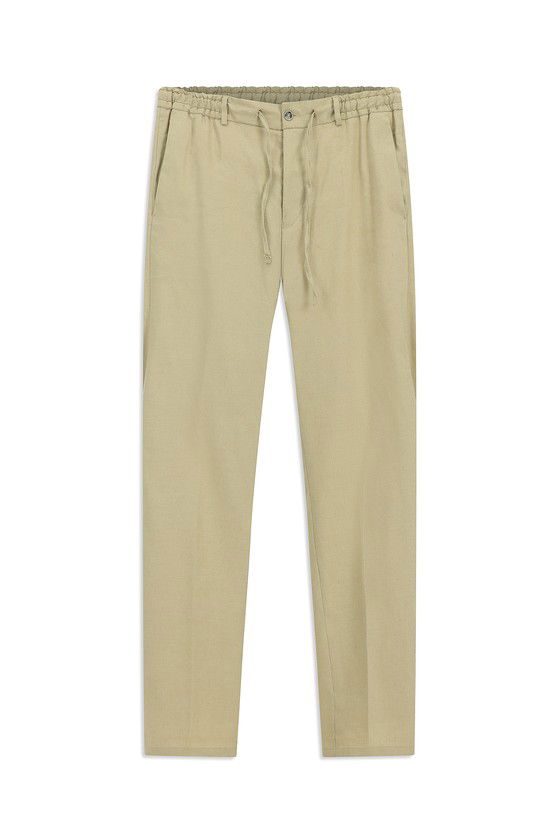 Erkek Giyim - Slim Fit Dar Kesim Beli Lastikli İpli Keten Karışımlı Pantolon