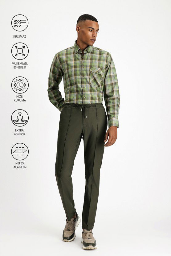 Erkek Giyim - Techno-Line Super Slim Fit Ekstra Dar Kesim Likralı Beli Lastikli İpli Klasik Kumaş Pantolon