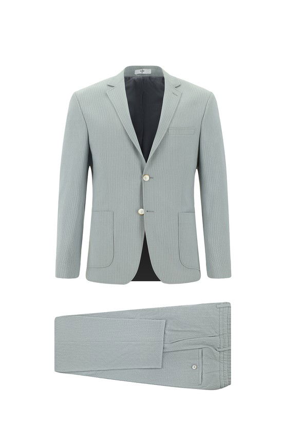 Erkek Giyim - Super Slim Fit Ekstra Dar Kesim Çizgili Beli Lastikli İpli Gofre Takım Elbise