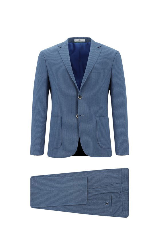Erkek Giyim - Super Slim Fit Ekstra Dar Kesim Çizgili Beli Lastikli İpli Gofre Takım Elbise