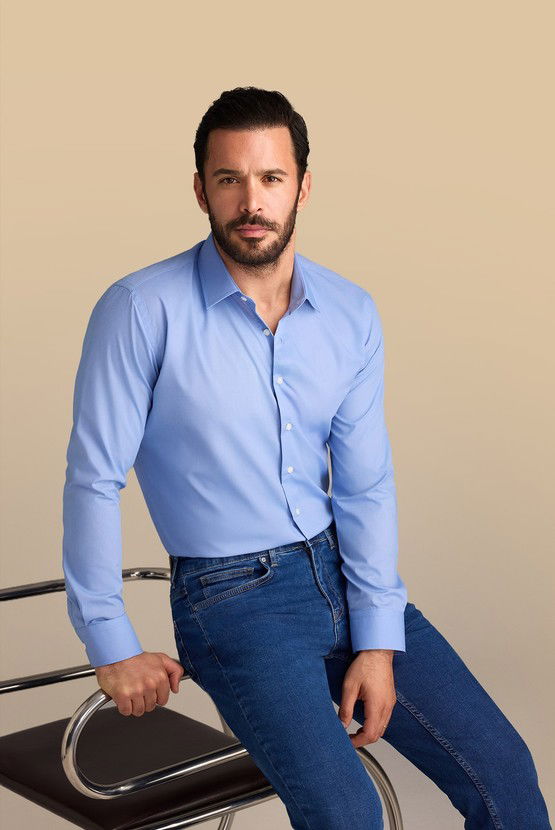 Erkek Giyim - Uzun Kol Slim Fit Dar Kesim Non Iron Ütü Gerektirmeyen Pamuklu Gömlek