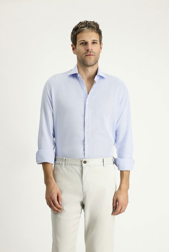 Erkek Giyim - Uzun Kol Slim Fit Dar Kesim Klasik Desenli Pamuk Gömlek