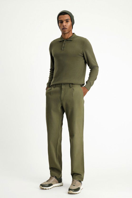 Erkek Giyim - Regular Fit Likralı Pileli Kanvas / Chino Pantolon