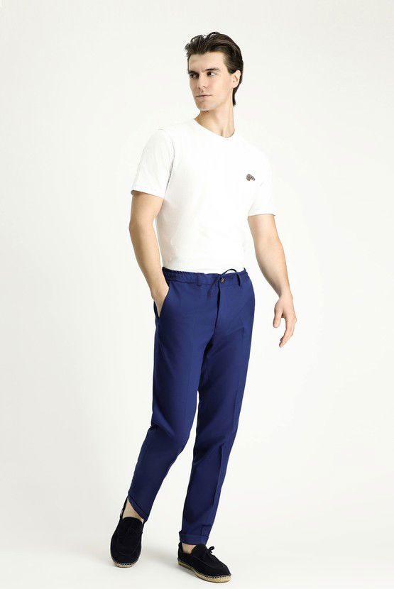 Erkek Giyim - Slim Fit Dar Kesim Likralı Beli Lastikli İpli Klasik Kumaş Pantolon