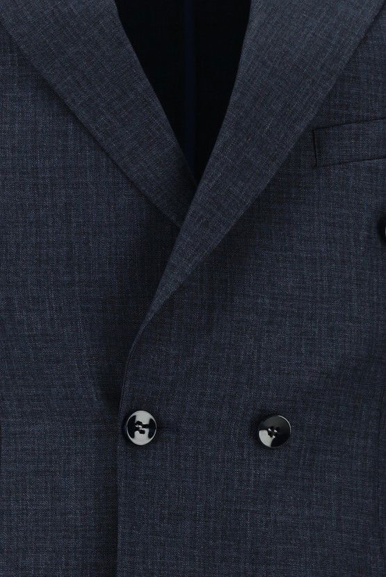 Erkek Giyim - Slim Fit Dar Kesim Desenli Kruvaze Takım Elbise