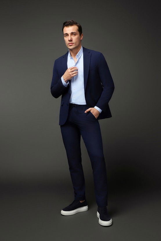 Erkek Giyim - Slim Fit Dar Kesim Beli Lastikli İpli Gofreli Likralı Takım Elbise