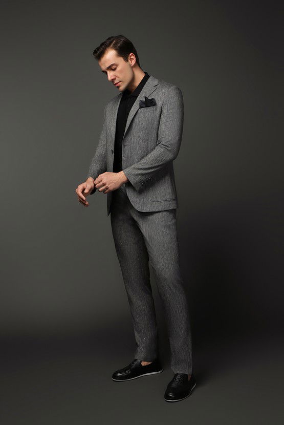 Erkek Giyim - Slim Fit Dar Kesim Keten Karışımlı Beli Lastikli İpli Takım Elbise