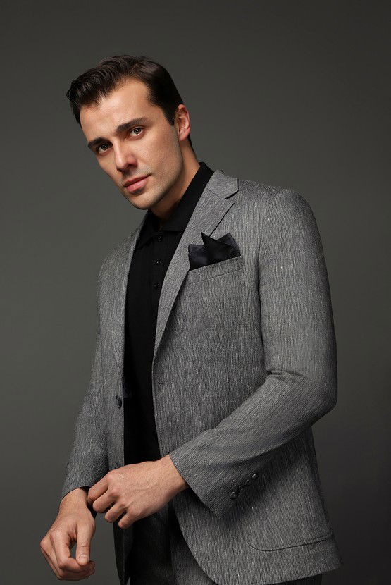 Erkek Giyim - Slim Fit Dar Kesim Keten Karışımlı Beli Lastikli İpli Takım Elbise