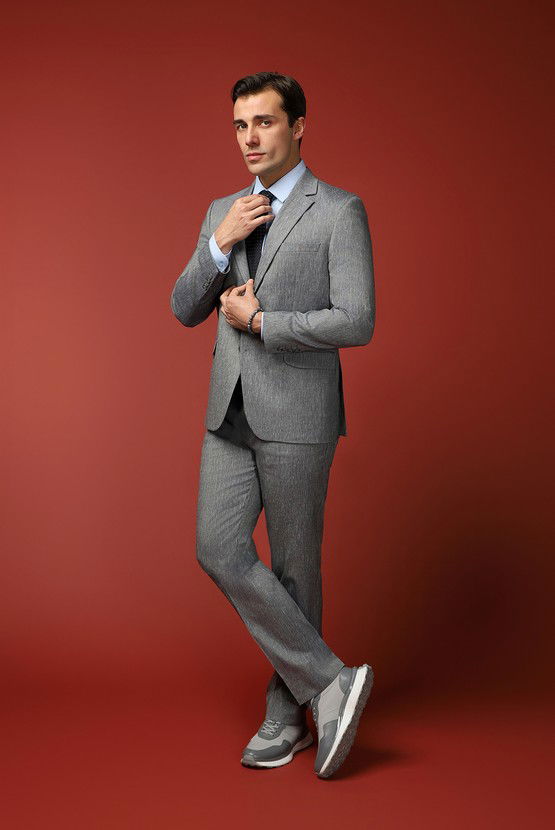 Erkek Giyim - Slim Fit Dar Kesim Keten Karışımlı Takım Elbise