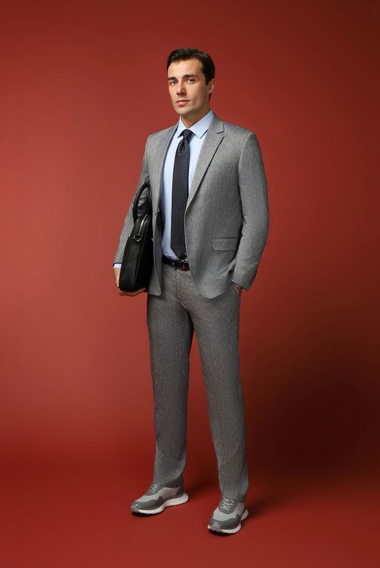 Erkek Giyim - Slim Fit Dar Kesim Keten Karışımlı Takım Elbise