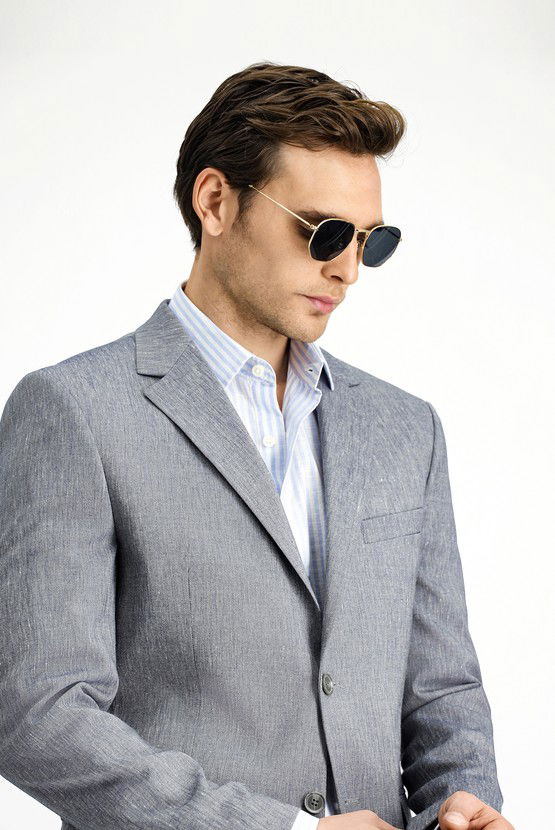 Erkek Giyim - Slim Fit Dar Kesim Keten Karışımlı Takım Elbise