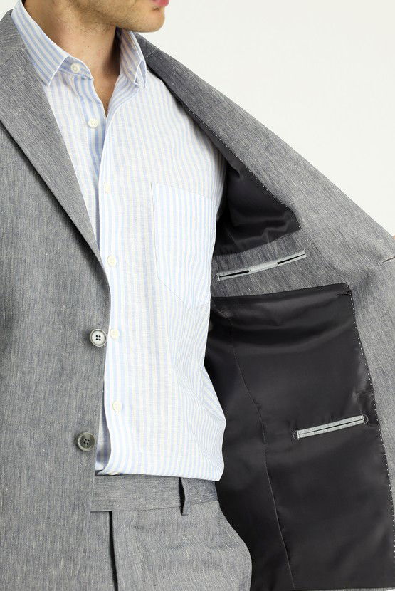 Erkek Giyim - Slim Fit Dar Kesim Keten Karışımlı Takım Elbise