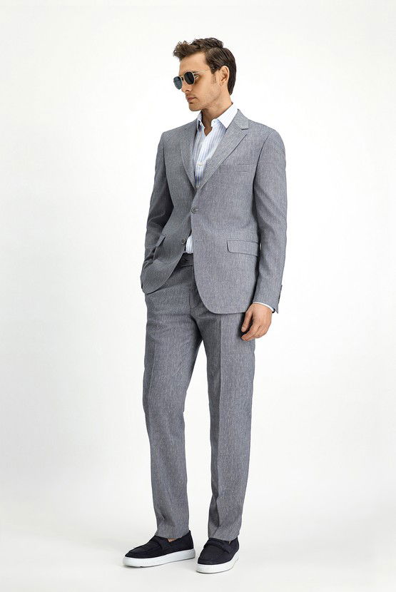 Erkek Giyim - Slim Fit Dar Kesim Keten Karışımlı Takım Elbise